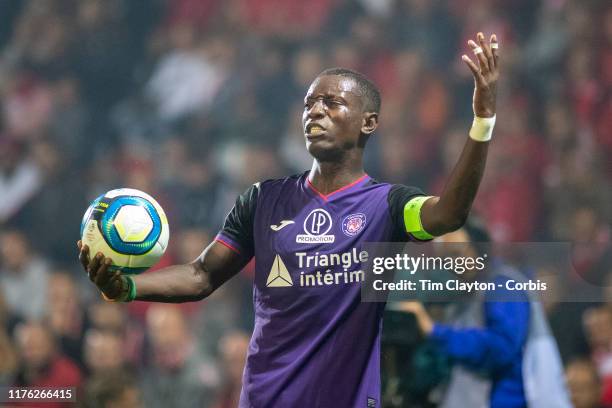 September 21: Max Gradel of Toulouse reacts during the Nimes V Toulouse, French Ligue 1, regular season match at Stade des Costières on September...