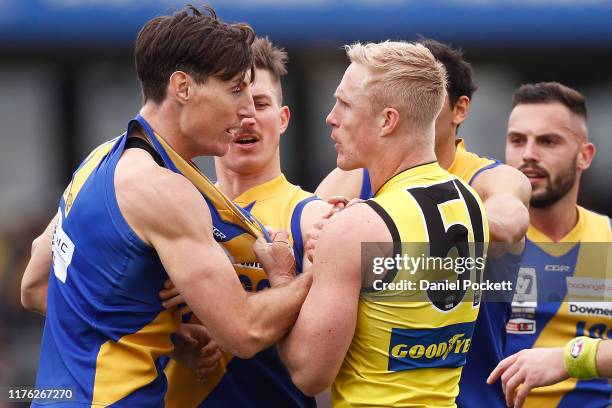 Steve Morris of the Tigers and Joel Tippett of Williamstown wrestle during the VFL Grand Final match between the Richmond Tigers and Williamstown at...