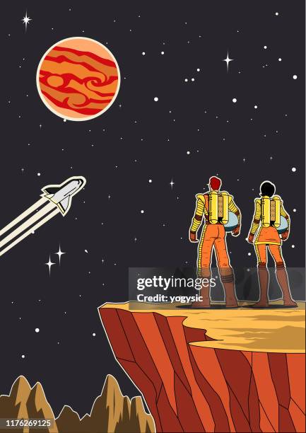illustrazioni stock, clip art, cartoni animati e icone di tendenza di coppia di astronauti retrò vettoriale su un pianeta con casco spento - scientist-cartoon