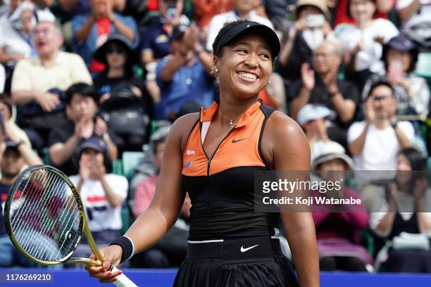 Singles champion Naomi Osaka of Japan celebrates after winnings the Singles final against Anastasia Pavlyuchenkova of Russia during day seven of the...
