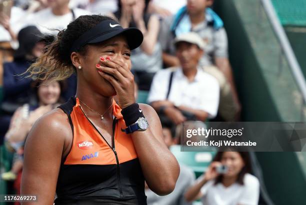 Singles champion Naomi Osaka of Japan match point celebrates the Singles final against Anastasia Pavlyuchenkova of Russia during day seven of the...