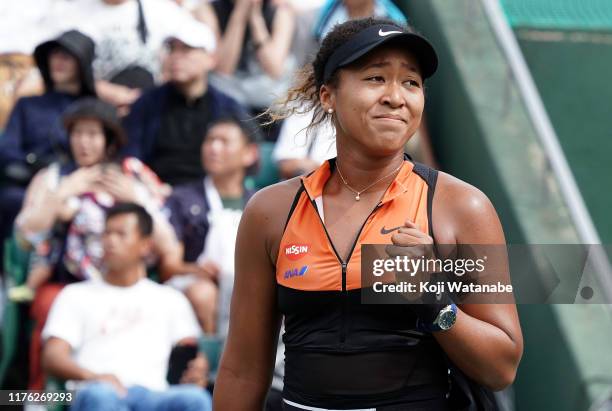 Singles champion Naomi Osaka of Japan match point celebrates the Singles final against Anastasia Pavlyuchenkova of Russia during day seven of the...