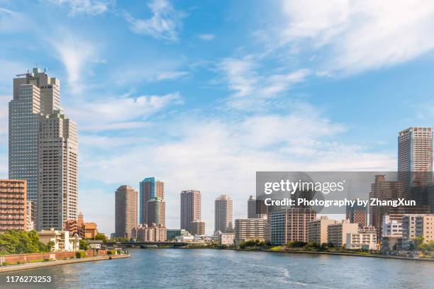 tokyo skyline of kachidoki area, chuo ward, japan. - sumidafloden bildbanksfoton och bilder