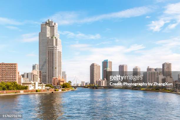 tokyo skyline of kachidoki area, chuo ward, japan. - sumidafloden bildbanksfoton och bilder