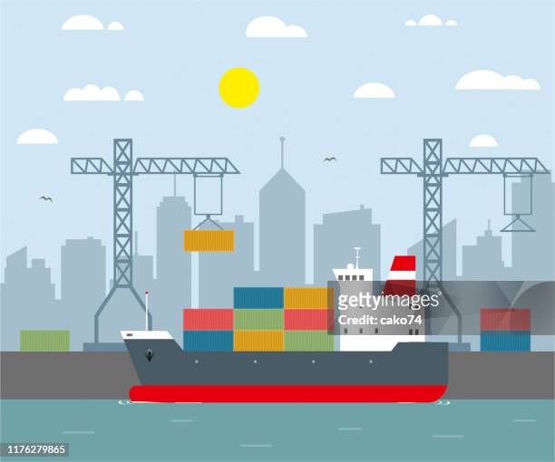 ilustraciones, imágenes clip art, dibujos animados e iconos de stock de barco de carga y diseño plano del puerto - dársena