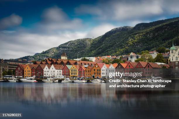 the long exposure of bergen harbour - bergen stock pictures, royalty-free photos & images