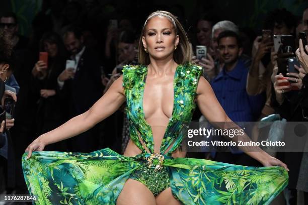 Jennifer Lopez walks the runway at the Versace show during the Milan Fashion Week Spring/Summer 2020 on September 20, 2019 in Milan, Italy.