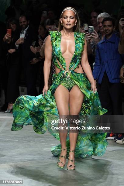 Jennifer Lopez walks the runway at the Versace show during the Milan Fashion Week Spring/Summer 2020 on September 20, 2019 in Milan, Italy.