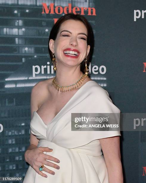 In this file photo taken on October 10 US actress Anne Hathaway attends the Amazon Prime Video "Modern Love" premiere reception at the Museum of...