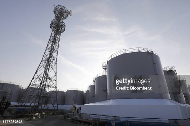 Storage tanks of contaminated water stand during a media tour of Tokyo Electric Power Co's Fukushima Dai-Ichi nuclear power plant in Okuma,...