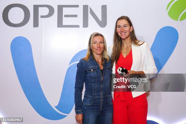 Kveta Peschke of Czech Republic and Nicole Melichar of the United States attend an official player party ahead of 2019 Wuhan Open at Hilton hotel on...