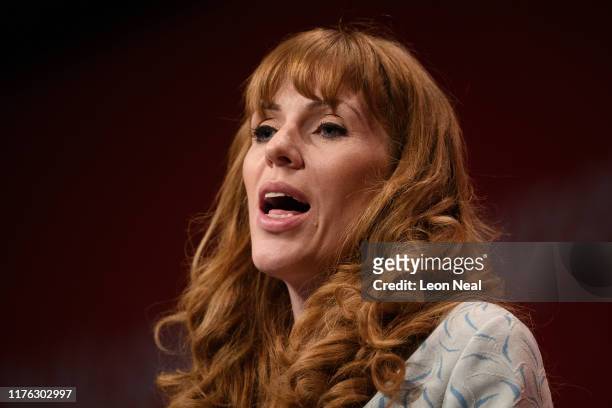 Shadow Education Secretary Angela Rayner addresses delegates on day two of the Labour Party Conference on September 22, 2019 in Brighton, England....
