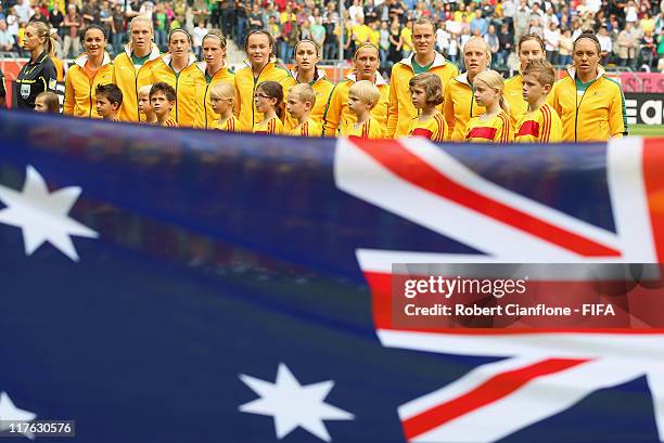 The Australian team line up prior to the FIFA Women's World Cup 2011 Group D match between Brazil and Australia at the Borussia Park Stadium on June...