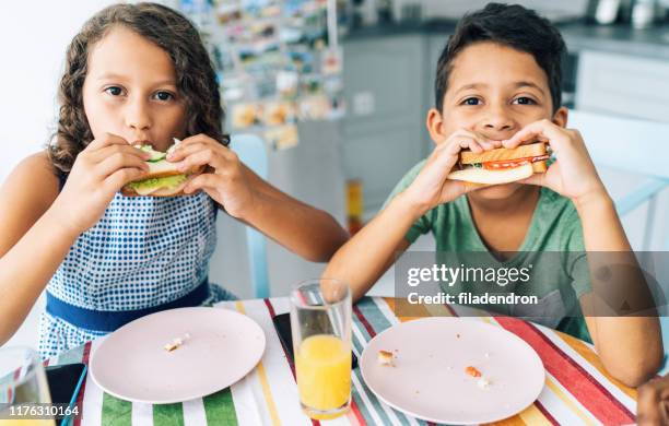 niños comiendo sándwiches - hermano hermana fotografías e imágenes de stock