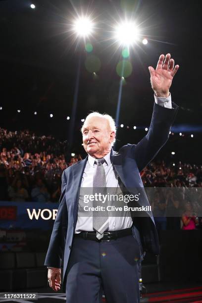 Rod Laver waves as he is introduced to the crowd prior to the start of play during Day Three of the Laver Cup 2019 at Palexpo on September 22, 2019...