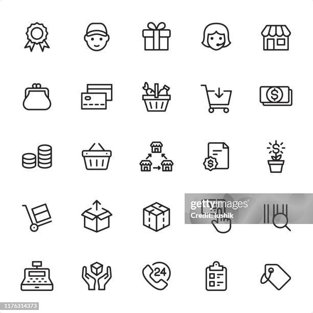 ilustraciones, imágenes clip art, dibujos animados e iconos de stock de compras y venta al por menor - conjunto de iconos de esquema - franchising