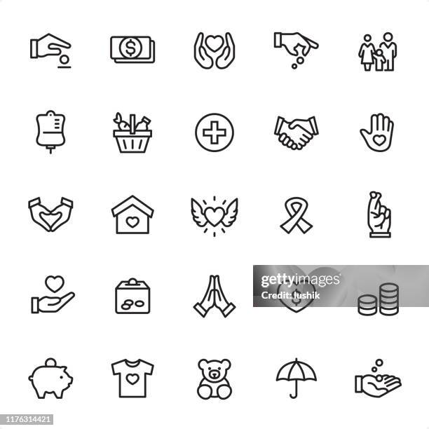 volunteer charity - outline icon set - receiving food stock illustrations