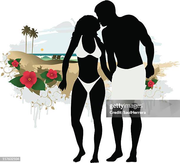 honeymooners - couple kissing in the beach - pismo beach stock illustrations