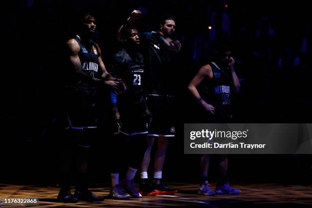 Melbourne United players line up before the NBL Blitz pre-season match between Melbourne United and the Illawarra Hawks at Derwent Entertainment...