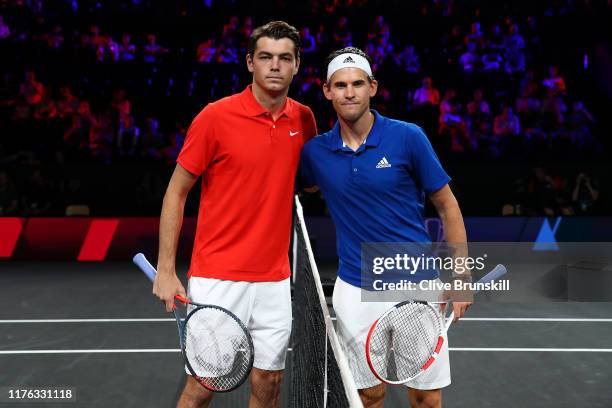 Taylor Fritz of Team World and Dominic Thiem of Team Europe pose for a picture prior to their singles match during Day Three of the Laver Cup 2019 at...