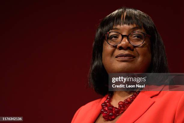 Shadow Home Secretary Diane Abbott addresses delegates in the main hall of the Brighton Centre on the second day of the Labour Party conference on...