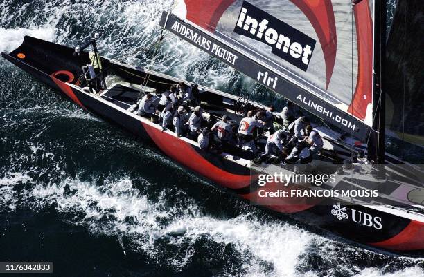 The Swiss Alinghi on the water off Auckland during their race against Italia's Luna Rossa in Round Robin One of the Louis Vuitton Cup, 06 October...