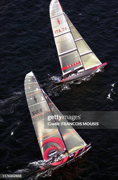 The Swiss Alinghi on the water off Auckland during their race against Italia's Luna Rossa in Round Robin One of the Louis Vuitton Cup, 06 October...