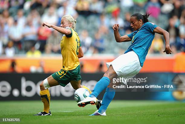 Rosana of Brazil score the opening goal during the FIFA Women's World Cup 2011 Group D match between Brazil and Australia at Borussia Park on June...