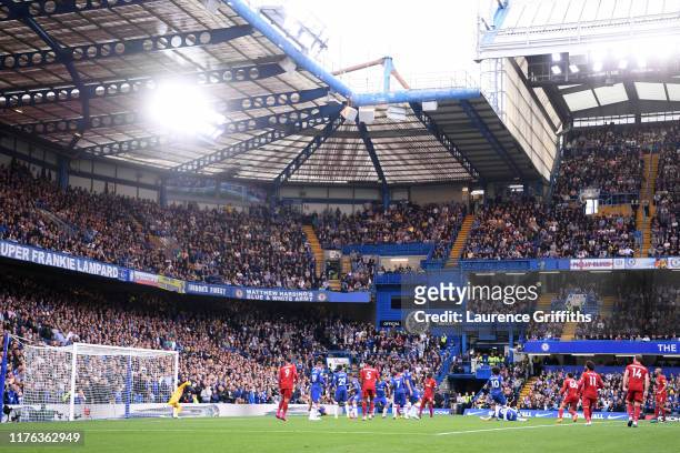 General view inside the stadium as Trent Alexander-Arnold of Liverpool scores his team's first goal during the Premier League match between Chelsea...