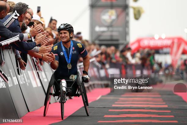 Alex Zanardi of Italy heads for the finish line on IRONMAN 70.3 Emilia Romagna on September 22, 2019 in Cervia, Italy.