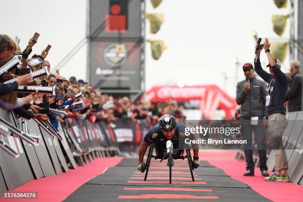Alex Zanardi of Italy heads for the finish line on IRONMAN 70.3 Emilia Romagna on September 22, 2019 in Cervia, Italy.