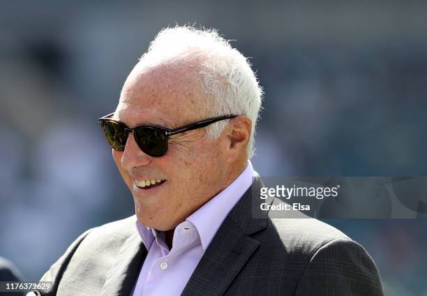 Philadelphia Eagles owner Jeffrey Lurie walks on the field before the game against the Detroit Lions at Lincoln Financial Field on September 22, 2019...