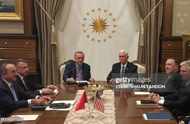 Turkish President Recep Tayyip Erdogan and US Vice President Mike Pence , joined by Secretary of State Mike Pompeo , Turkish Vice President Fuat...