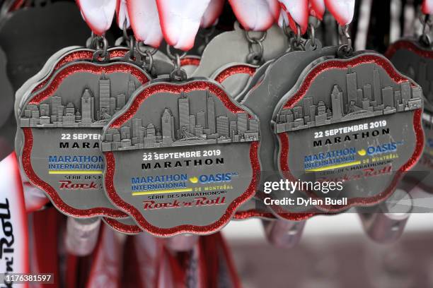 Detail view of medals during Oasis International Marathon de Montreal - Day 2 on September 22, 2019 in Montreal, Canada.