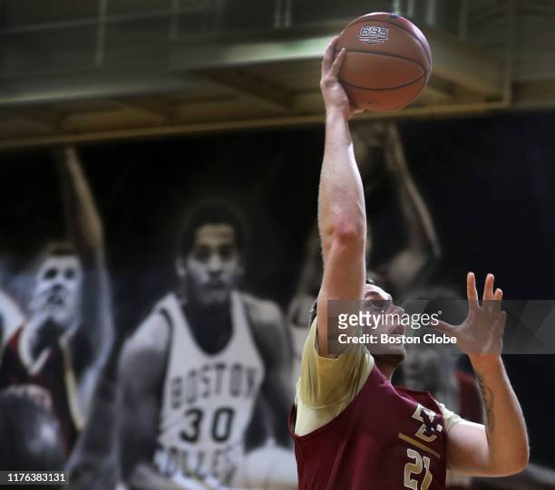 Boston College men's basketball player Nik Popovic is pictured during a practice session in the Power Gym that was part of Media Day at The Silvio O....