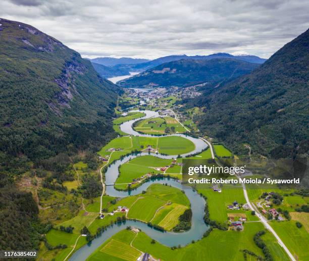aerial panoramic of stryneelva river, stryn, norway - olden foto e immagini stock
