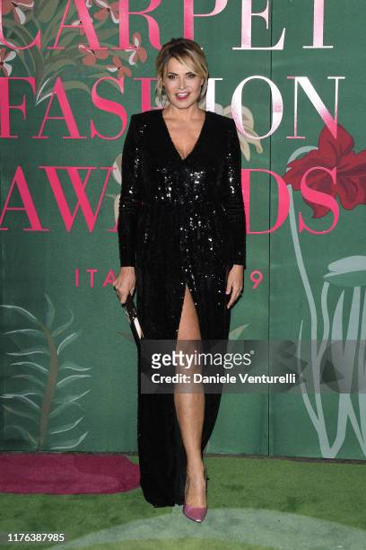 Simona Ventura attend the Green Carpet Fashion Awards during the Milan Fashion Week Spring/Summer 2020 on September 22, 2019 in Milan, Italy.