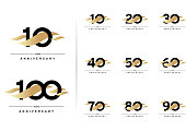 Anniversary set. 10, 20, 30, 40, 50, 60, 70, 80, 90, 100 years. Modern simple design with gold elements
