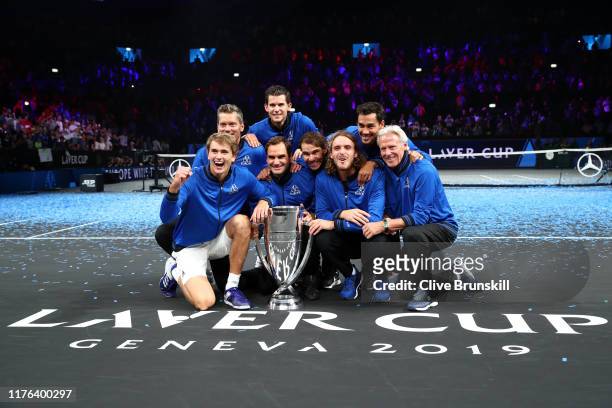 Team Europe pose with the trophy after winning the Laver Cup in the final match of the tournament during Day Three of the Laver Cup 2019 at Palexpo...