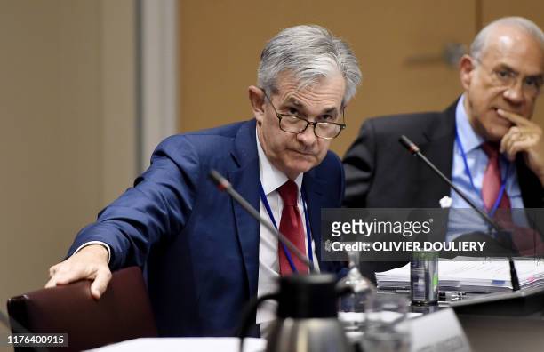 Federal Reserve Board Chairman Jerome Powell looks on during a meeting between the Finance Ministers and Central Bank Governors of the G7 nations...