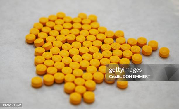 Tablets believed to be laced with fentanyl are displayed at the Drug Enforcement Administration Northeast Regional Laboratory on October 8 in New...