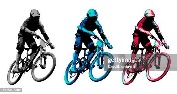 ilustraciones, imágenes clip art, dibujos animados e iconos de stock de ciclista de montaña - bici de montaña