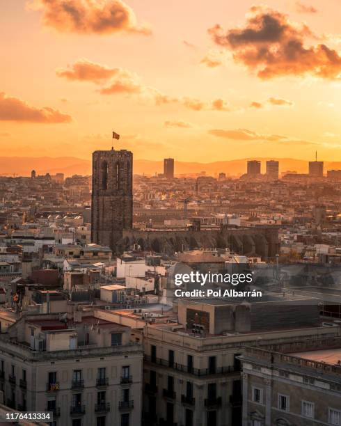 city and belltower at sunset. barcelona, spain - barcelona cityscape stock pictures, royalty-free photos & images