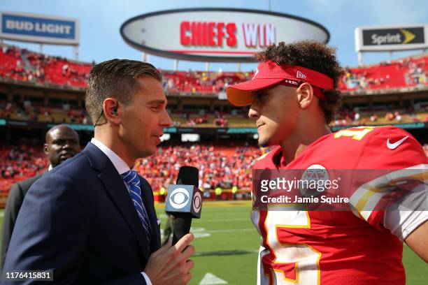 Sports reporter Evan Washburn interviews quarterback Patrick Mahomes of the Kansas City Chiefs after the Chiefs defeated the Baltimore Ravens 33-28...