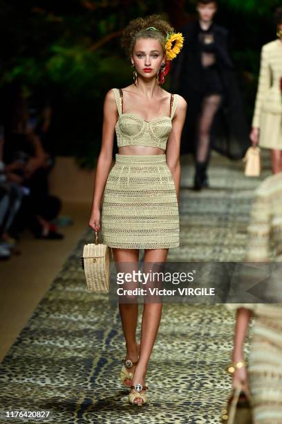 Model walks the runway at the Dolce & Gabbana Ready to Wear fashion show during the Milan Fashion Week Spring/Summer 2020 on September 22, 2019 in...