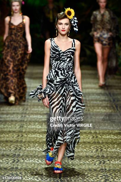 Model walks the runway at the Dolce & Gabbana Ready to Wear fashion show during the Milan Fashion Week Spring/Summer 2020 on September 22, 2019 in...