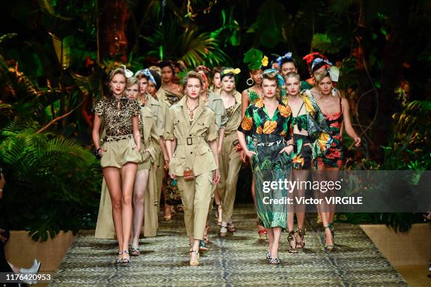 Model walks the runway at the Dolce & Gabbana Ready to Wear fashion show during the Milan Fashion Week Spring/Summer 2020 on September 22, 2019 in...