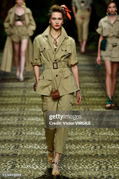 Model walks the runway at the Dolce & Gabbana Ready to Wear fashion show during the Milan Fashion Week Spring/Summer 2020 on September 22, 2019 in...