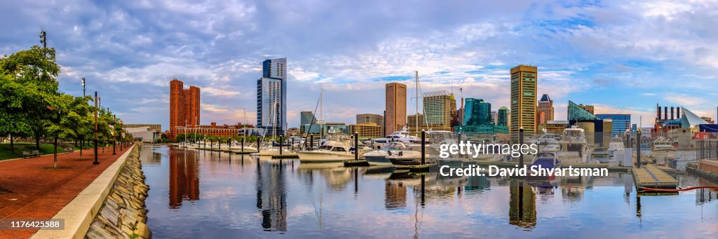 Low angle view of Baltimore harbor in the early morning - Baltimore, Maryland, USA, September 2019