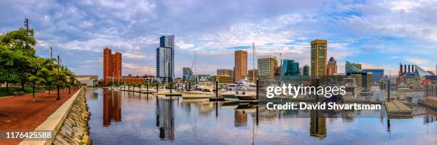 low angle view of baltimore harbor in the early morning - baltimore, maryland, usa, september 2019 - baltimore maryland fotografías e imágenes de stock
